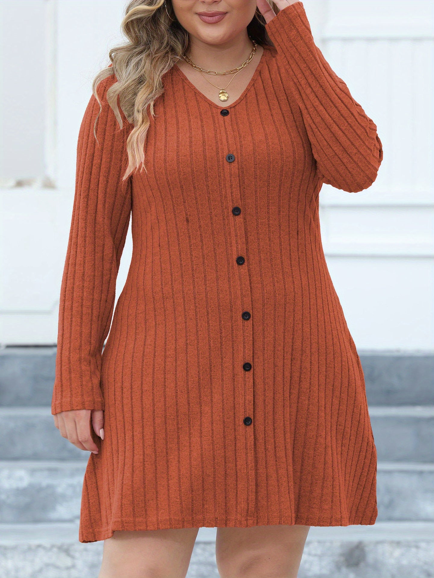 Solid Ribbed Button Long Sleeve V-Neck Mini Dress