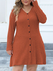 Solid Ribbed Button Long Sleeve V-Neck Mini Dress