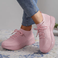 Knitted Mesh Sneakers Breathable Lace Up Running Shoes Women's Footwear