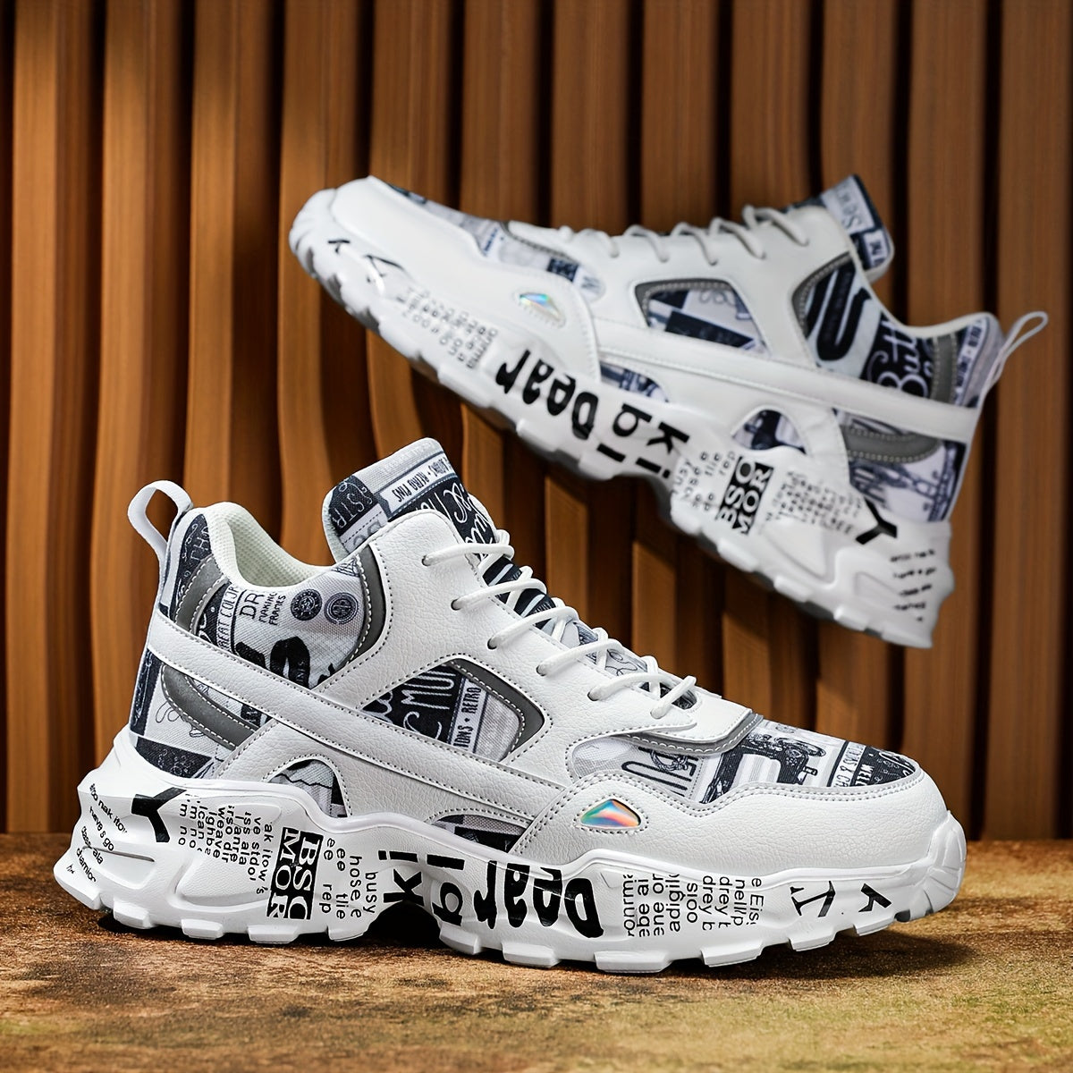 Graffiti Print Faux Leather Heighten Chunky Sneakers