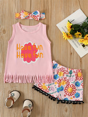 Girls Tassel Tank Top & Striped Leaves Shorts Set