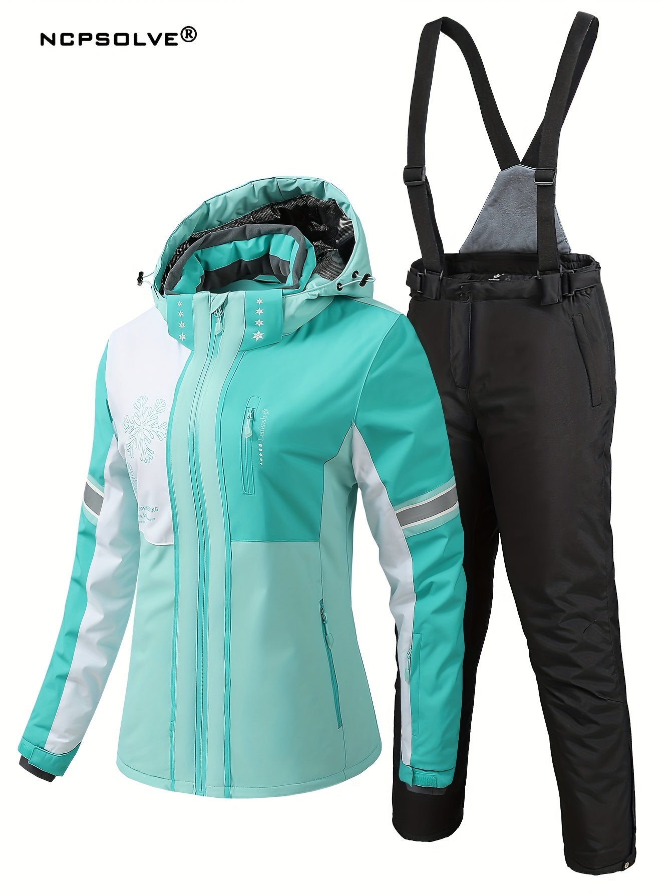 Snowflake Print Ski Set Long Sleeve Hooded Jacket & Suspender Trouser