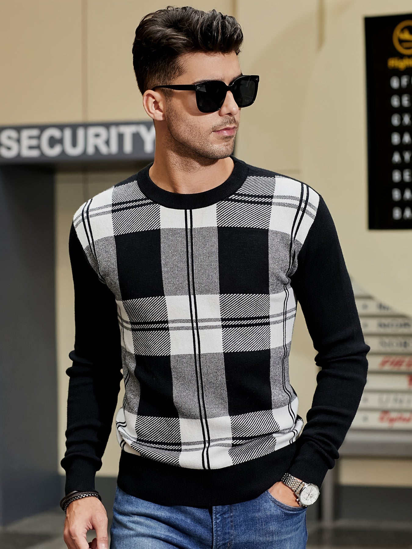 Men's Plaid Crew Neck Sweater Classic Long Sleeve Pullover