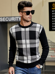 Men's Plaid Crew Neck Sweater Classic Long Sleeve Pullover