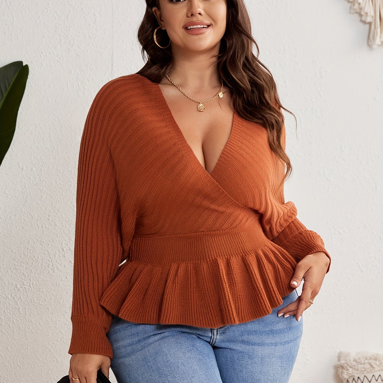 Solid Long Sleeve Ruffle Trim Sweater