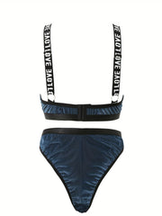 Velvet Letter Tape Criss Cross Bra & Panty Lingerie Set