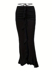 Ruffle Trim Ruched Skirt Asymmetrical Skirt For Spring & Summer Women