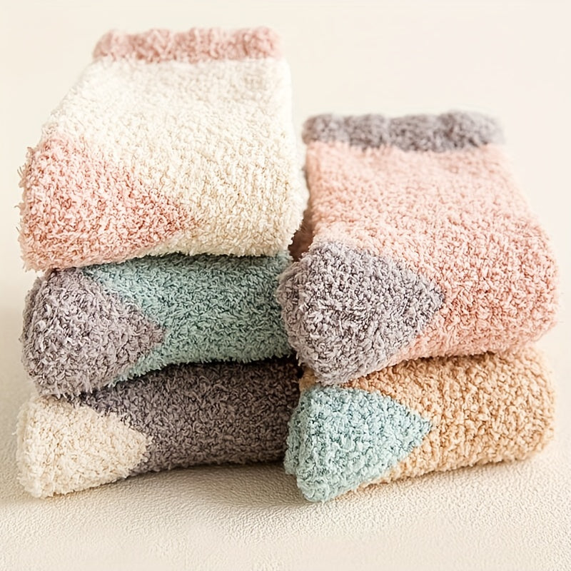 5 Pairs Colorblock Fuzzy Socks Women's Stockings & Hosiery