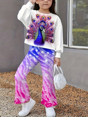 Girls Peacock Graphic 2pcs Outfits Comfy Sets For Spring Fall Sports Gift