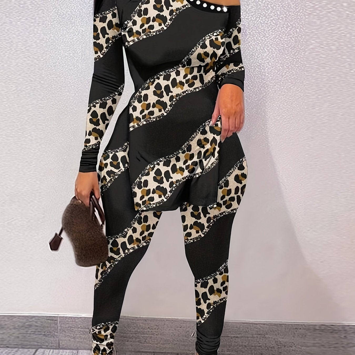 Leopard Patchwork Print Two-piece Set Cold Shoulder Split T-shirt & Casual Pants