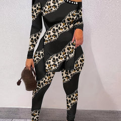 Leopard Patchwork Print Two-piece Set Cold Shoulder Split T-shirt & Casual Pants