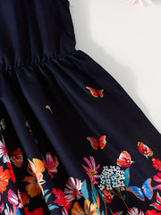 Girls Vibrant Butterflies & Flowers Print Skirt Elastic Waist Dress
