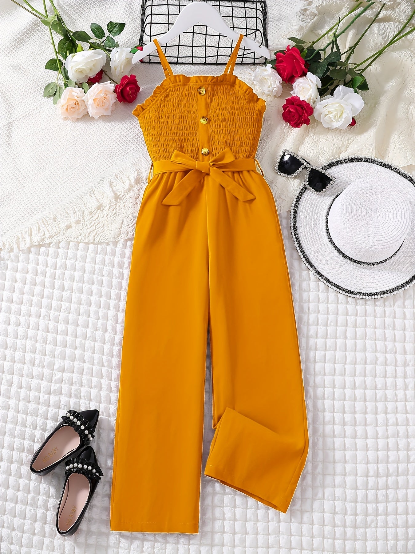 Girls Frill Trim Shirred Belted Cami Rompers - Summer Clothes