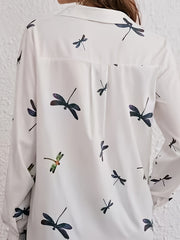 Dragonfly Print Button Up Roll Up Sleeve Blouse