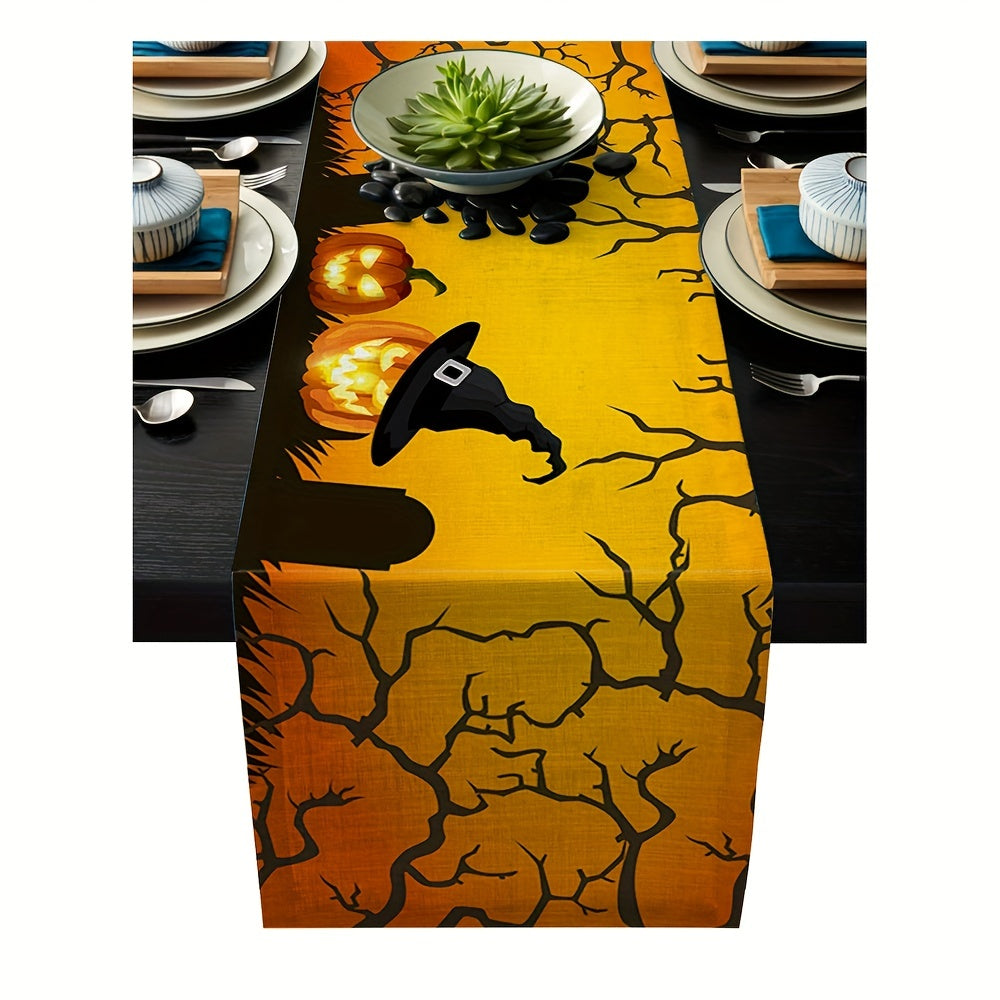 Halloween Evil Pumpkin Witch Hat Linen Table Runner