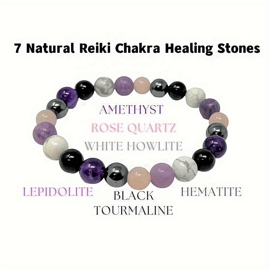 7 Chakra Reiki Stones Energy Bracelet Amethyst Tourmaline Hematite Obsidian L