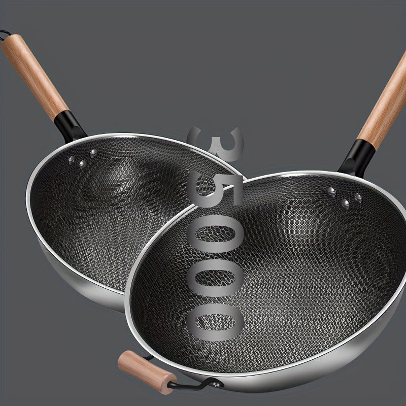 Non Stick Wok With Lid 34 01cm Stainless Steel Honeycomb Coating Deep Frying Pan