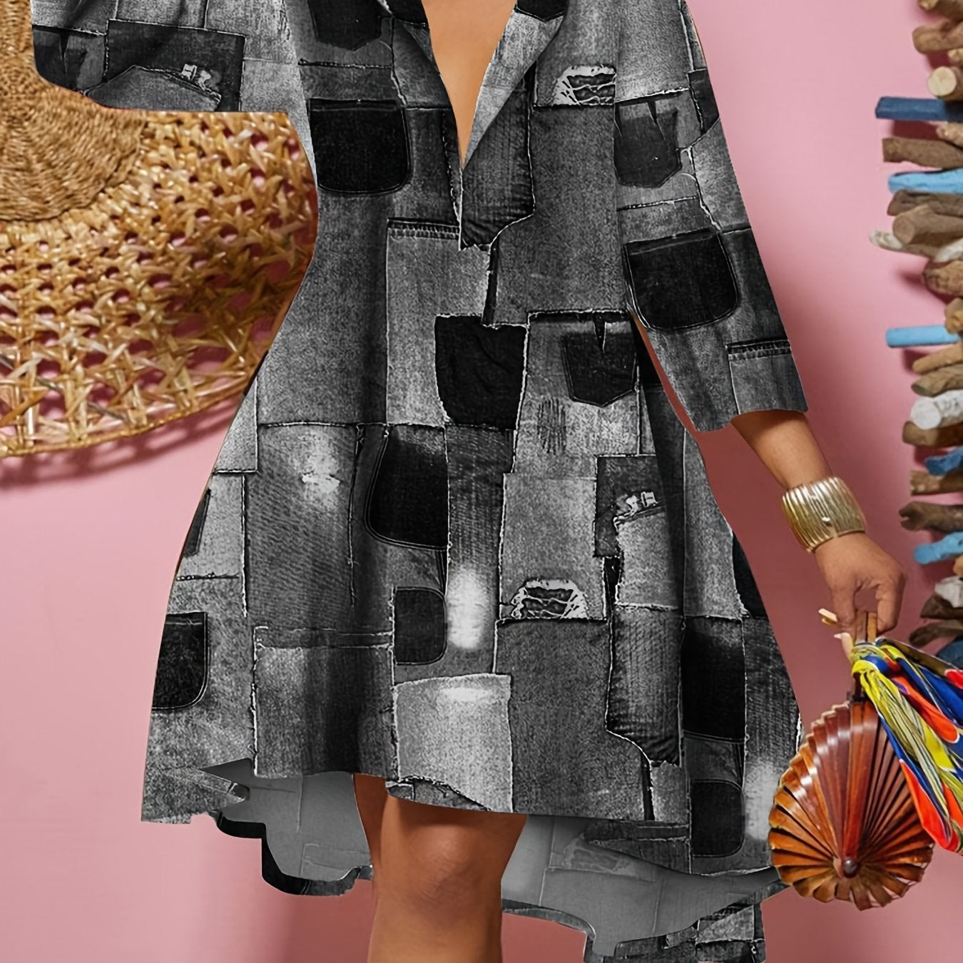 Denim Print Deep V Neck Midi Dress Women's Plus Slight Stretch