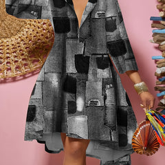 Denim Print Deep V Neck Midi Dress Women's Plus Slight Stretch