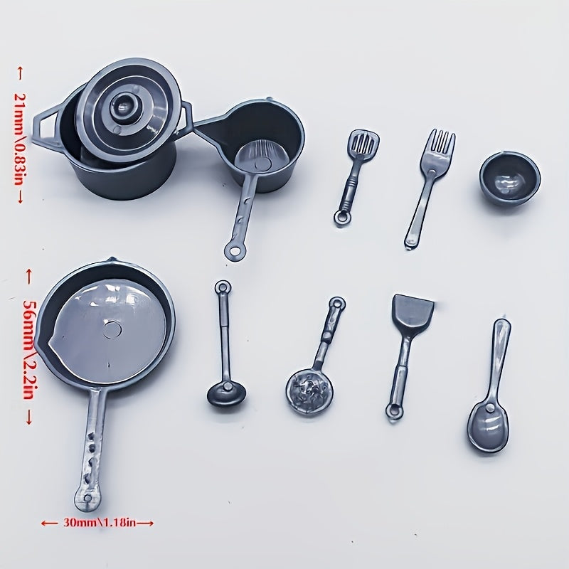 10pcs Dollhouse Mini Kitchen Cookware Set - Stovetop Pots and Pans 1:12 Scale