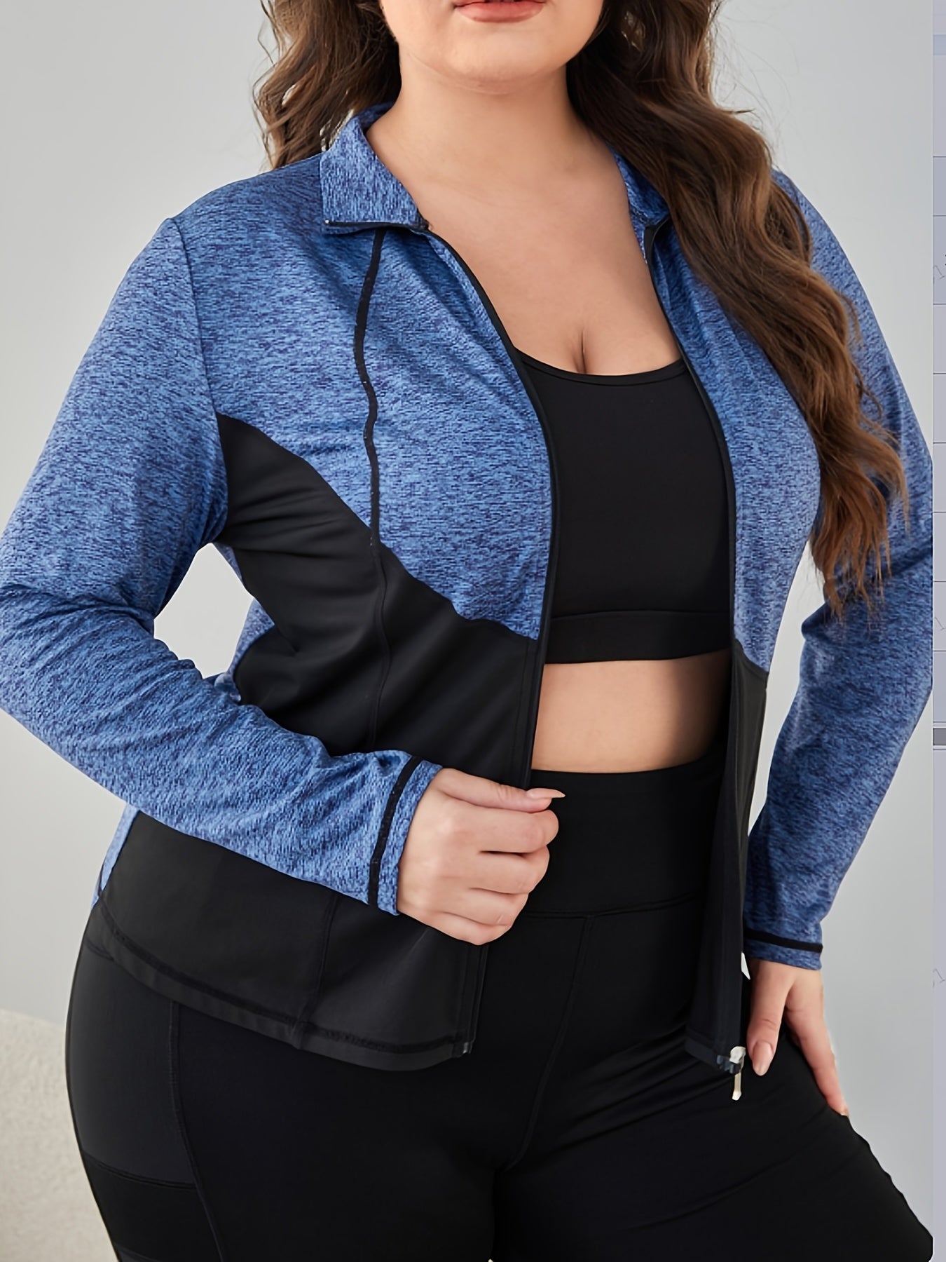 Colorblock High Neck Zipper Long Sleeve Sports Coat Plus Size