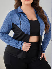 Colorblock High Neck Zipper Long Sleeve Sports Coat Plus Size