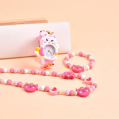 Cat Silicone Strap Quartz Watch with Wooden Necklace and Bracelet Set