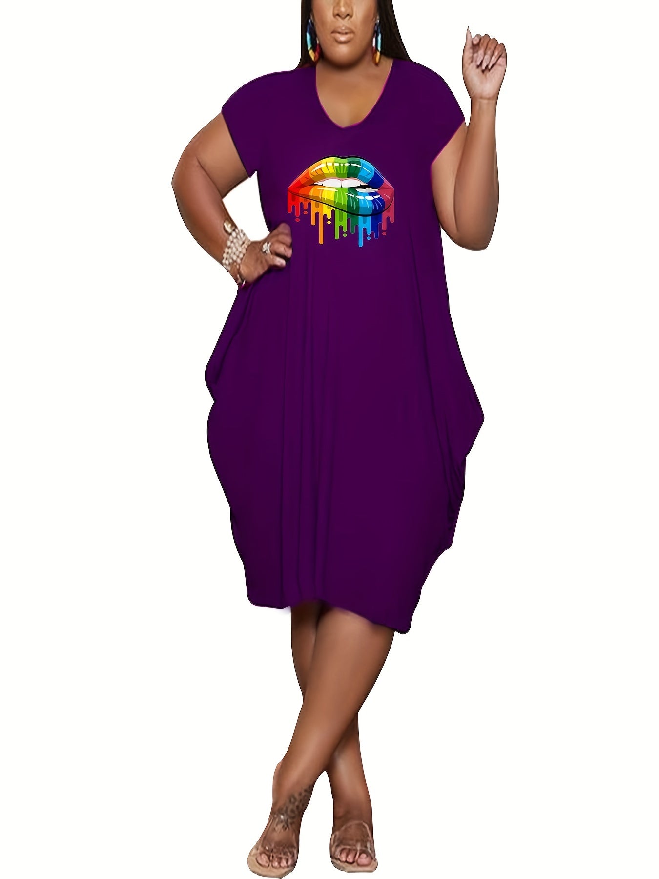 Plus Size Colorful Lip Print Short Sleeve Round Neck Dress