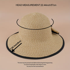 Bowknot Ponytail Straw Sun Hat Solid Sunscreen Beach Hat