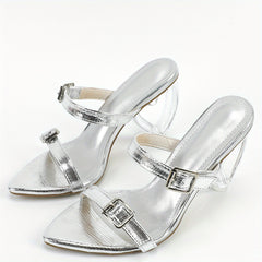 Women's Heart Heel Sandals Pointed Double Buckle Slip On Fashion Party Sandals