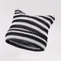 Striped Knitted Ice Silk Beanie Hat with Cat Ears