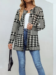 Houndstooth Print Open Front Jacket Long Sleeve Outerwear