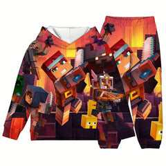 Boy's Pixel Fighter Print Hoodie & Sweatpants Set