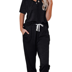Casual Solid 2pc Set Short Sleeve Button T-shirt & Drawstring Pants