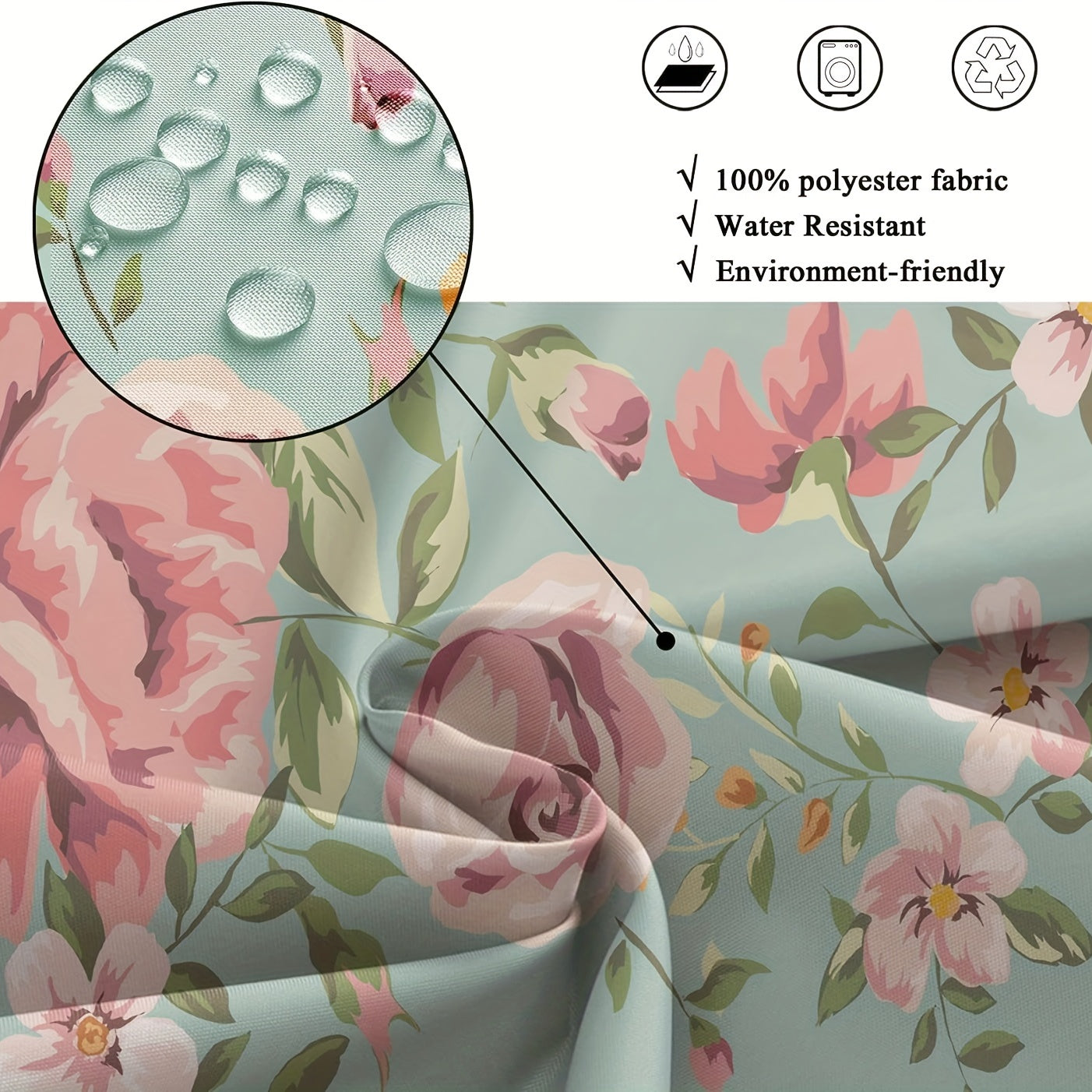 Vintage Green Floral Shower Curtain 71x71 Inches Waterproof with 12 Hooks