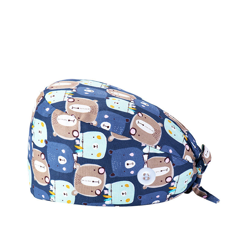 Floral Cartoon Print Work Cap Vintage Scrub Cap Adjustable Lace Up Hat
