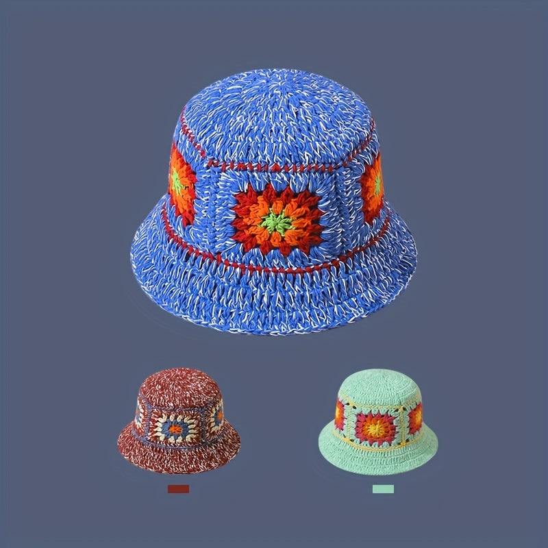 Boho Floral Crochet Bucket Hats Vintage Beanie For Women