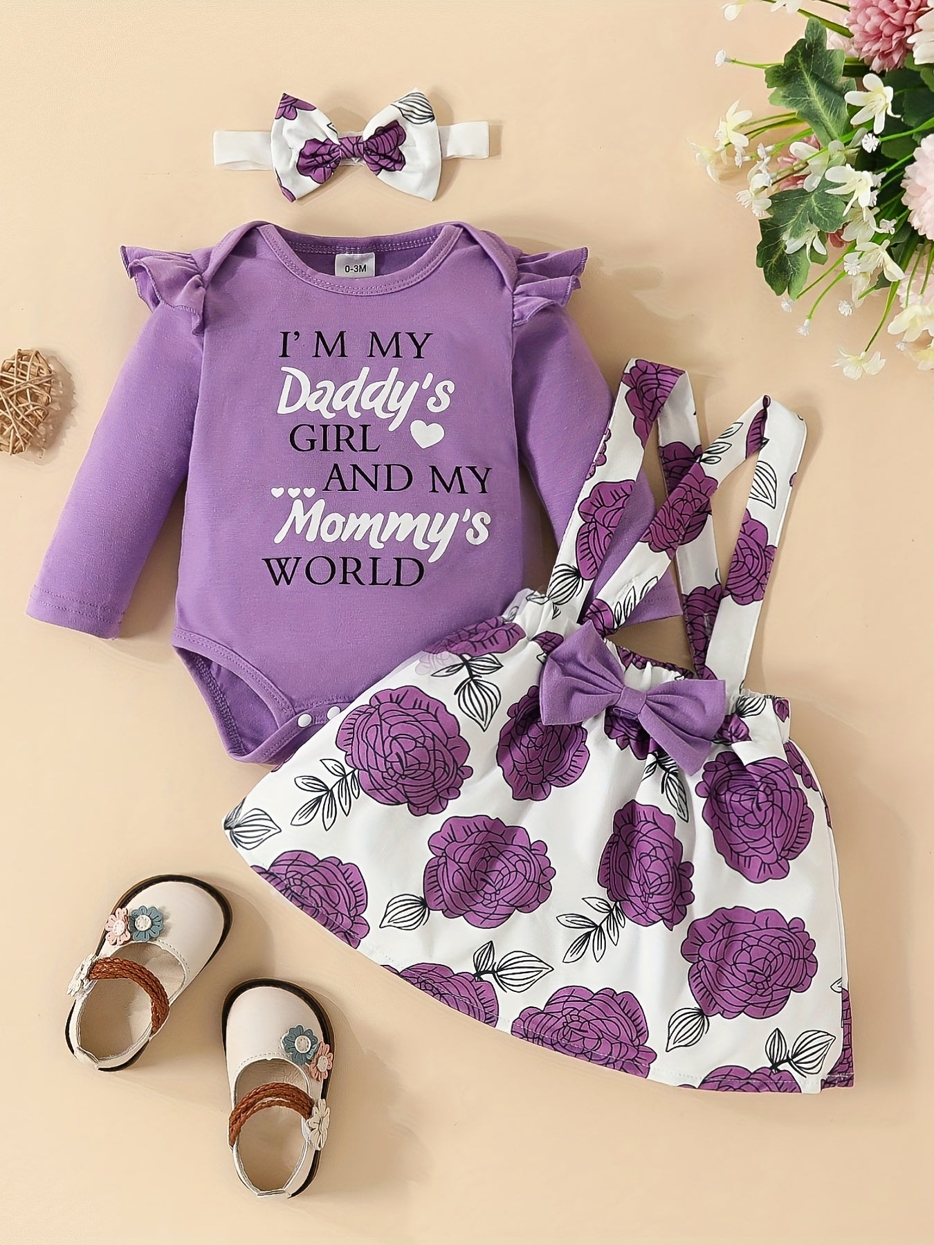 3pcs Long Sleeve Triangle Onesie Suspender Dress Set Newborn Alphabet Print