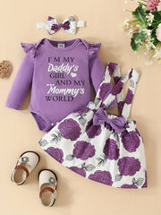 3pcs Long Sleeve Triangle Onesie Suspender Dress Set Newborn Alphabet Print