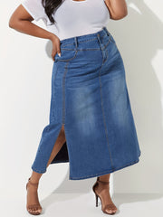 Women's Plus Solid Button Fly High Rise Denim Skirt