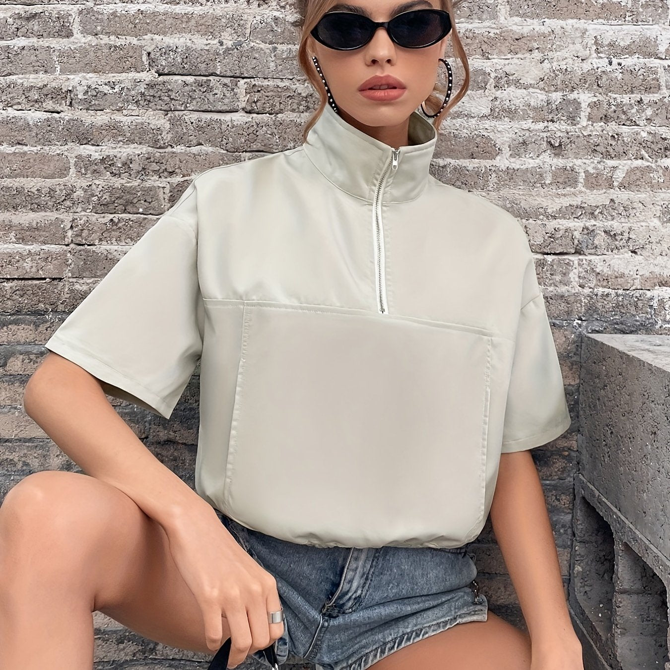 Solid Stand Collar Short Sleeve Jacket