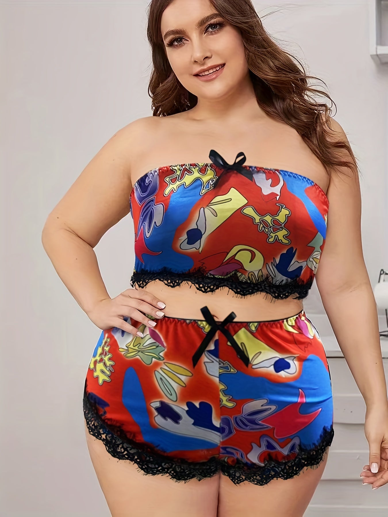 Boho Pajama Set Random Print Tube Top & Shorts 2pcs Set