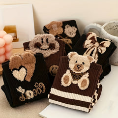 5 Pairs Bear & Bow Print Socks Women's Mid Tube Stockings
