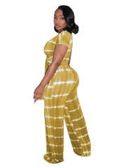 Tie Dye Casual Set Short Sleeve Lace Up T shirt & Pants Outfits
