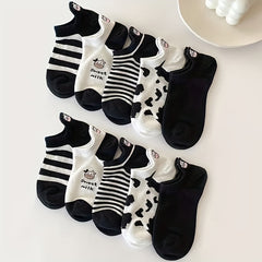 10 Pairs Cartoon Cow Print Socks & Low Cut Ankle Socks Women's Stockings
