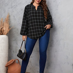 Grid Print Lantern Sleeve Notched Neck Blouse