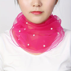 Faux Pearl Decor Mesh Scarf Solid Thin Veil Infinity Scarf