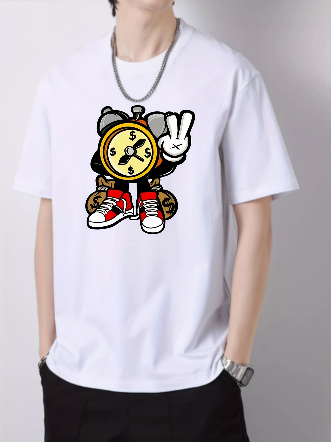 Cartoon Clock Print Men's Graphic Cotton Crew Neck T shirt
