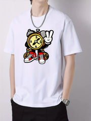 Cartoon Clock Print Men's Graphic Cotton Crew Neck T shirt