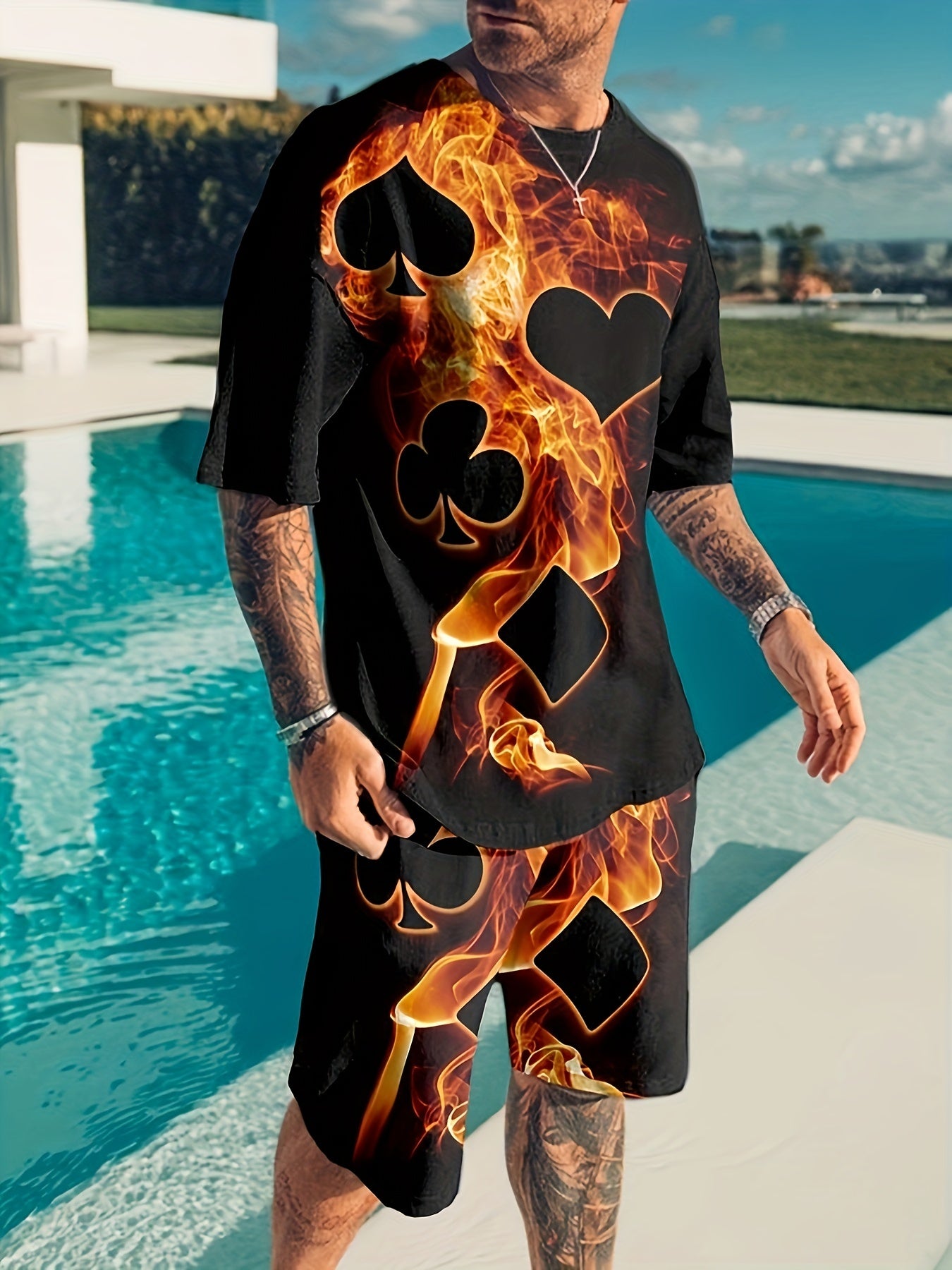 Men's Flame & Poker Symbol Graphic T-shirt & Stretchy Shorts